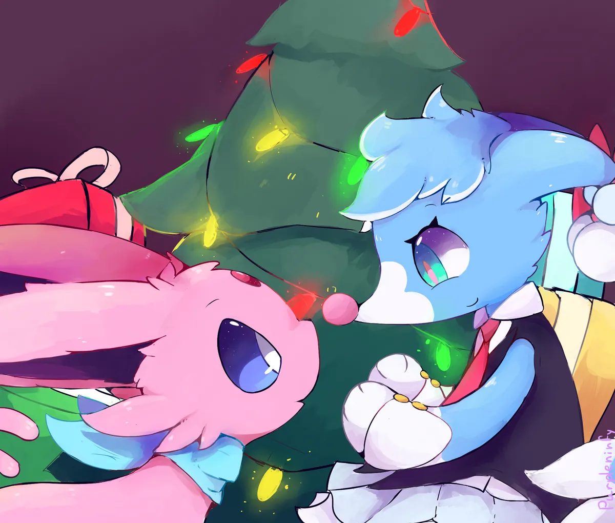 Brionne and Espeon in front of a christmas tree.