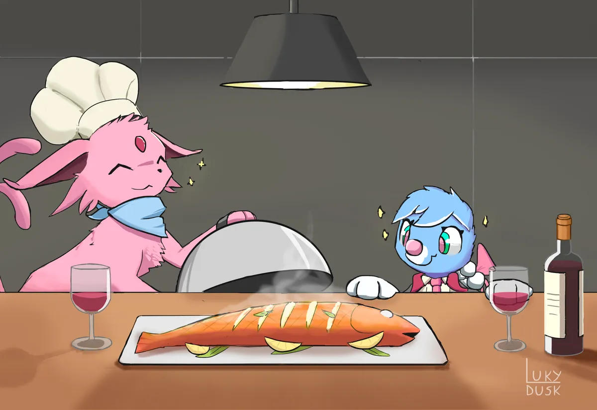 Brionne and Espeon having fish dinner