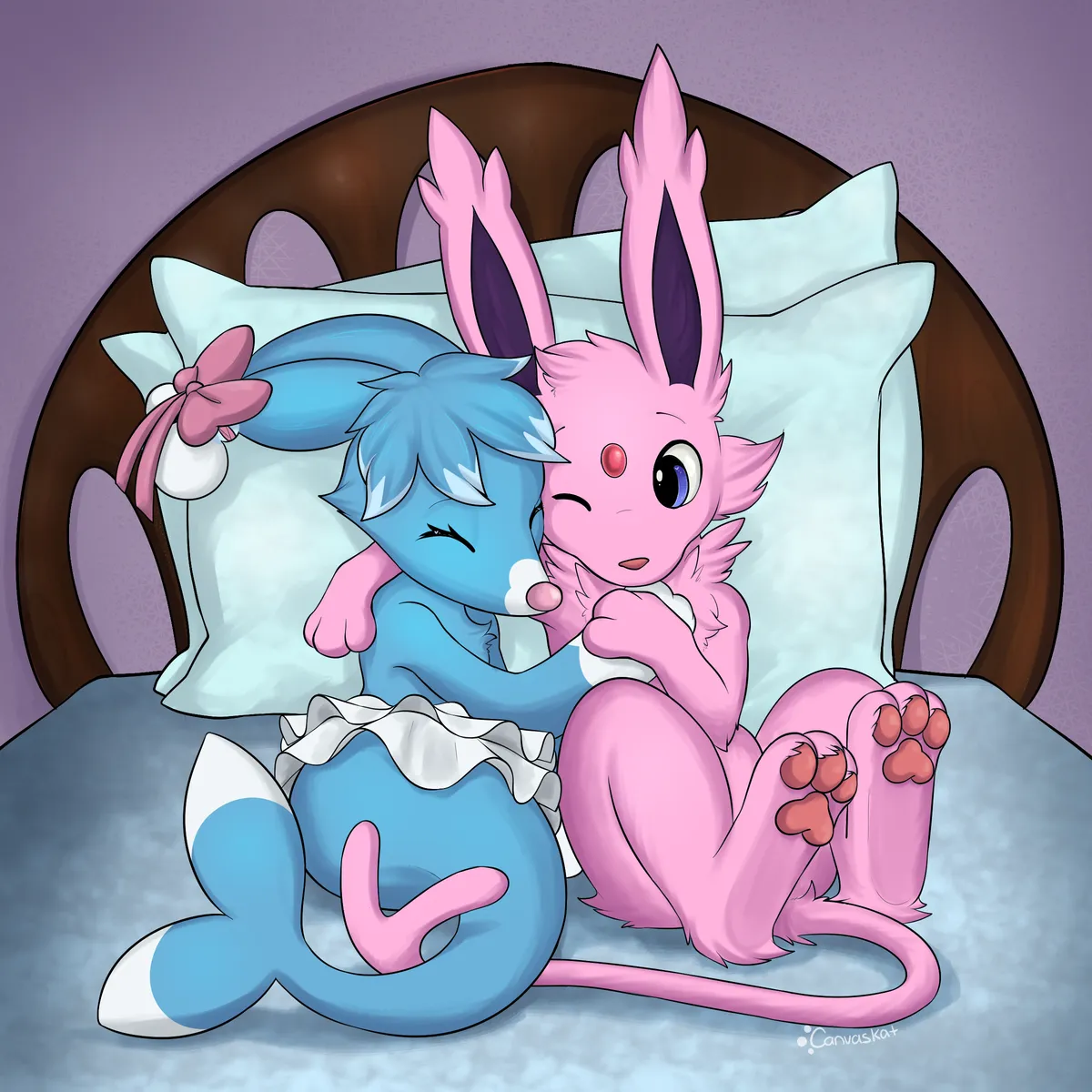 Brionne and Espeon snuggling on bed